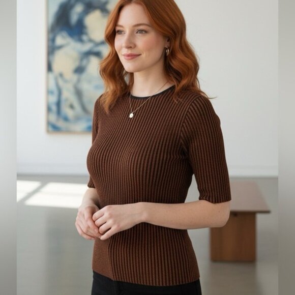 AKRIS Punto Wool Ribbed Stretch Short Sleeve Crew Neck Sweater Top Tunic Knit 10 - Picture 1 of 7